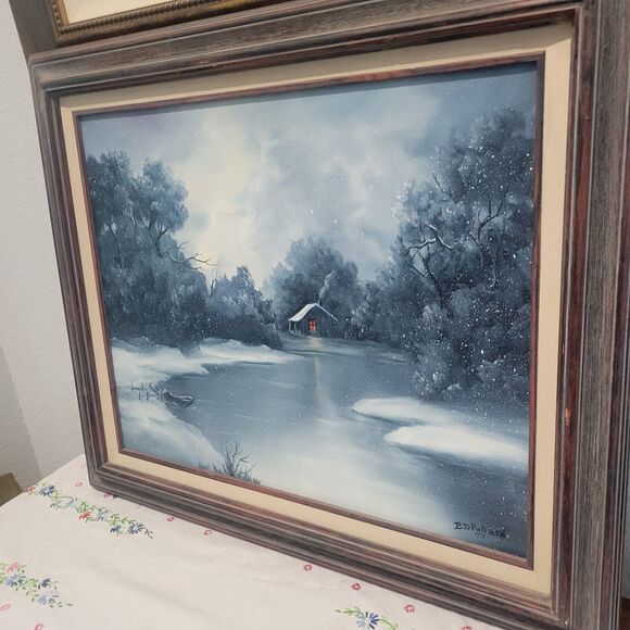 Vtg Oil Painting 25"x21" Canvas Snow Cabin stream Trees Water Sgn BD Pollard '93 - Picture 6 of 16
